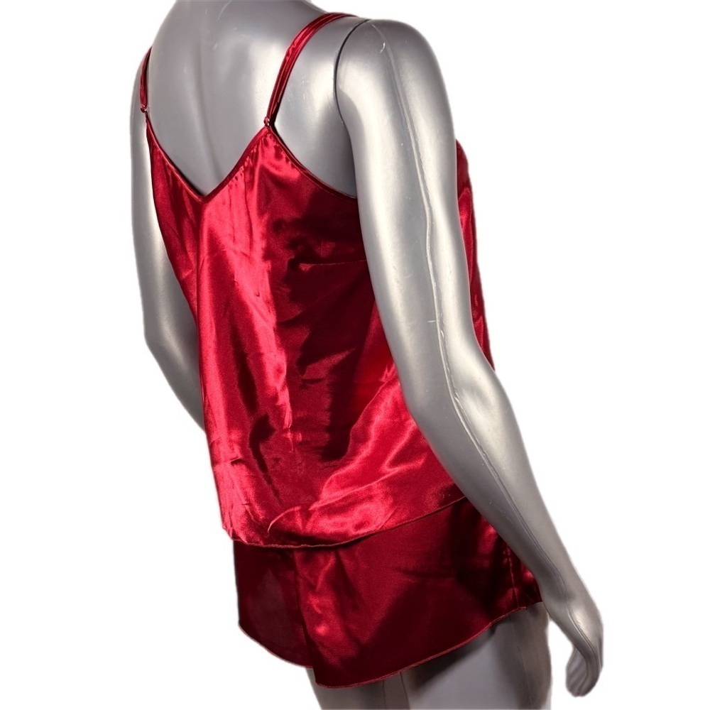 Red Satin Pajama Set with Lace Trim Adjustable Strap Top & Shorts - Picture 3 of 11